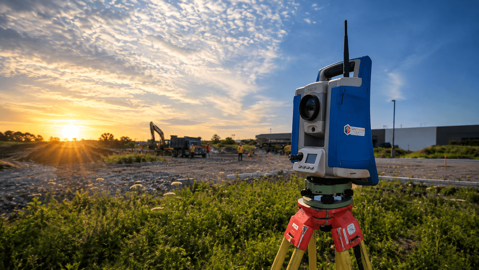 Total station surveying on an Ontario construction site at sunset